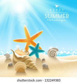 Summer holidays illustration - sea inhabitants on a beach sand against a sunny seascape