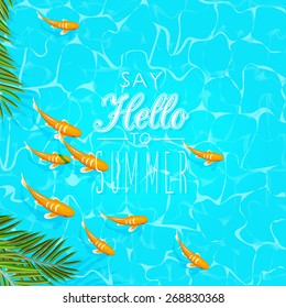 Summer holidays illustration. Seaside view on sunny day with fish and palm leaves. Top view.