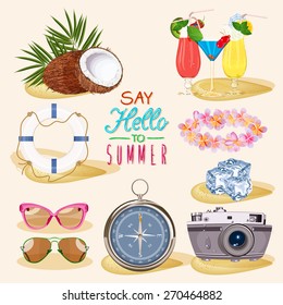 Summer holidays illustration. Set with rubber ring, coconut, beach cocktails, tropical flower necklace, ice, compass, camera, sunglasses