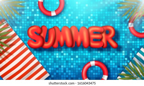 Summer holidays illustration. Top view of swimming pool with clean water. Vector illustration