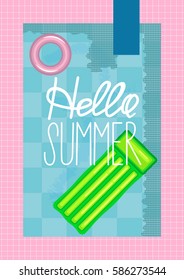 Summer holidays illustration. Top view of swimming pool with clean water, typographic hello summer message, summer time holiday vacation