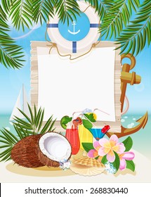 Summer holidays illustration. Tropical beach bar. Seaside view on sunny day with sand and palm leaves. 