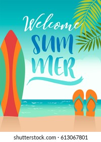 Summer holidays illustration with typography design for greeting or invitation card, poster, postcard, banner, leaflet