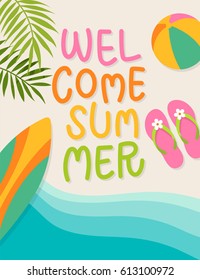 Summer holidays illustration with typography design for greeting card, invitation card, poster, postcard, banner, leaflet