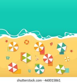 Summer Holidays illustrations with beach umbrellas, waves and summer accessories. Summer concept.