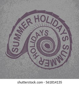 summer holidays. the inscription in the shell. vector illustration for design. brown on gray grunge background.