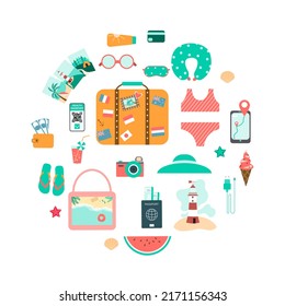 Summer holidays and international travel. Icon set with swimsuit, travel backpack, smartphone with qr code, passport, suitcase and mobile phone charger. Color flat vector illustration