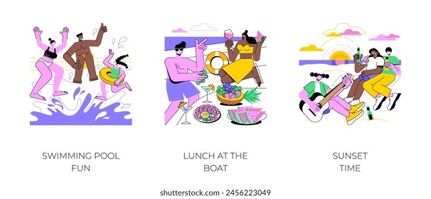 Summer holidays isolated cartoon vector illustrations set. Diverse friends jump in swimming pool, having lunch at the boat, having fun at sunset time, drinking and playing guitar vector cartoon.