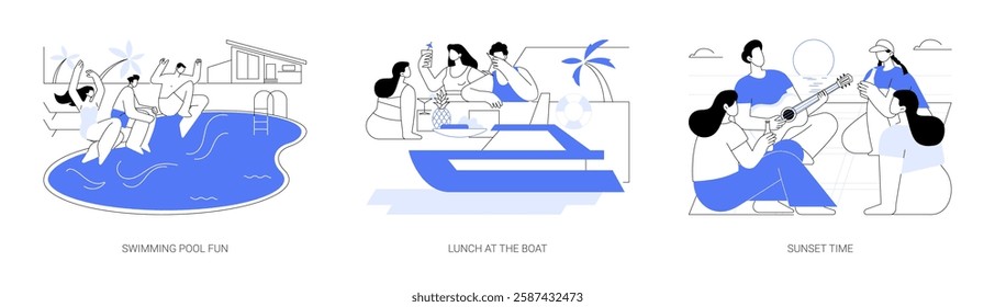 Summer holidays isolated cartoon vector illustrations set. Diverse friends jump in swimming pool, having lunch at the boat, having fun at sunset time, drinking and playing guitar vector cartoon.