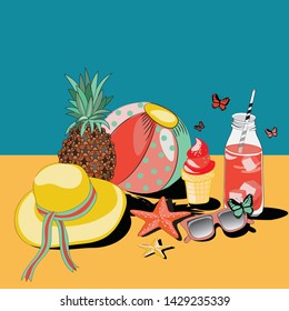 Summer holidays items. Vector illustration of holidays objects as summer hat, sunglasses,  ice cream, pineapple, flip flops and starfish on the beach