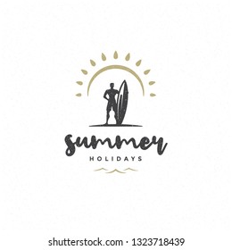 Summer holidays label or badge typography slogan design for poster or greeting card vector illustration. Surfer with sun symbols.