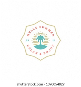 Summer holidays label or badge typography slogan design for poster or greeting card vector illustration. Palm tree symbol.