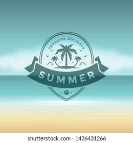 Summer holidays label or badge typography slogan design for poster or greeting card vector illustration. Palm tree symbol.