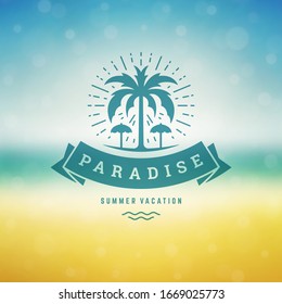 Summer holidays label or badge typography slogan design for poster or greeting card vector illustration. Tropical island symbol.