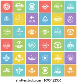 Summer holidays labels and badges design elements vector set. Retro and vintage style graphics good for tee print, t-shirts, posters, greeting cards.