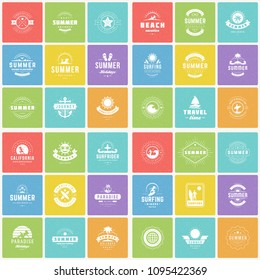 Summer holidays labels and badges design elements vector set. Retro and vintage style graphics good for tee print, t-shirts, posters, greeting cards.