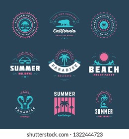Summer holidays labels and badges retro typography design set. Templates for greeting cards, posters and apparel design. Vector illustration.