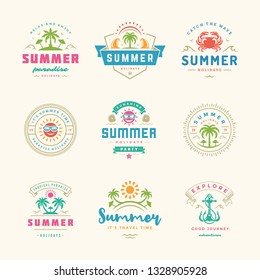 Summer holidays labels and badges retro typography design set. Templates for greeting cards, posters and apparel design. Vector illustration.