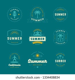 Summer holidays labels and badges retro typography design set. Templates for greeting cards, posters and apparel design. Vector illustration.