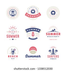 Summer holidays labels and badges retro typography design set. Templates for greeting cards, posters and apparel design. Vector illustration.