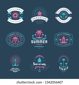 Summer holidays labels and badges retro typography design set. Templates for greeting cards, posters and apparel design. Vector illustration.