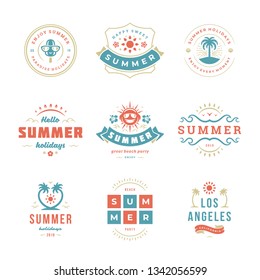 Summer holidays labels and badges retro typography design set. Templates for greeting cards, posters and apparel design. Vector illustration.
