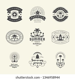 Summer holidays labels and badges retro typography design set. Templates for greeting cards, posters and apparel design. Vector illustration.