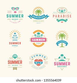 Summer holidays labels and badges retro typography design set. Templates for greeting cards, posters and apparel design. Vector illustration.