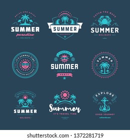 Summer holidays labels and badges retro typography design set. Templates for greeting cards, posters and apparel design. Vector illustration.