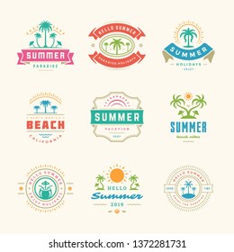 Summer holidays labels and badges retro typography design set. Templates for greeting cards, posters and apparel design. Vector illustration.