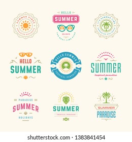 Summer holidays labels and badges retro typography design set. Templates for greeting cards, posters and apparel design. Vector illustration.