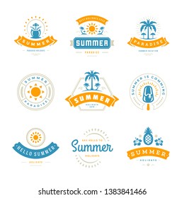 Summer holidays labels and badges retro typography design set. Templates for greeting cards, posters and apparel design. Vector illustration.
