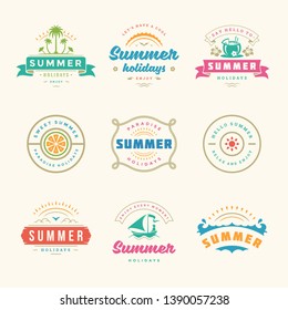 Summer holidays labels and badges retro typography design set. Templates for greeting cards, posters and apparel design. Vector illustration.