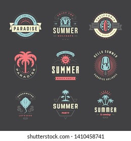 Summer holidays labels and badges retro typography design set. Templates for greeting cards, posters and apparel design. Vector illustration.