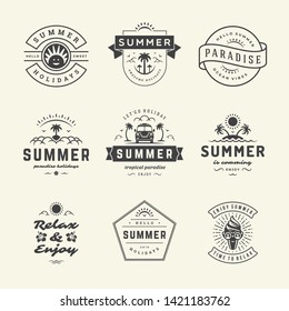 Summer holidays labels and badges retro typography design set. Templates for greeting cards, posters and apparel design. Vector illustration.