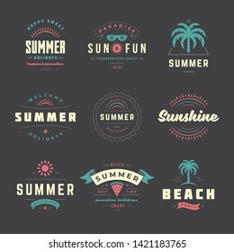 Summer holidays labels and badges retro typography design set. Templates for greeting cards, posters and apparel design. Vector illustration.