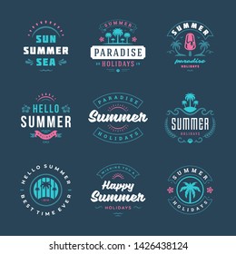 Summer holidays labels and badges retro typography design set. Templates for greeting cards, posters and apparel design. Vector illustration.