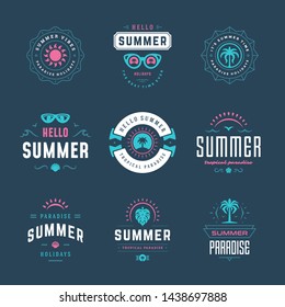 Summer holidays labels and badges retro typography design set. Templates for greeting cards, posters and apparel design. Vector illustration.