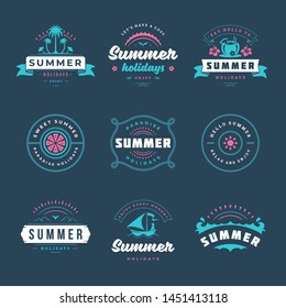 Summer holidays labels and badges retro typography design set. Templates for greeting cards, posters and apparel design. Vector illustration.