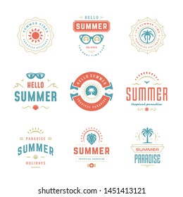Summer holidays labels and badges retro typography design set. Templates for greeting cards, posters and apparel design. Vector illustration.