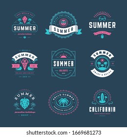 Summer holidays labels and badges retro typography design set. Templates for greeting cards, posters and apparel design. Vector illustration.