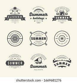 Summer holidays labels and badges retro typography design set. Templates for greeting cards, posters and apparel design. Vector illustration.