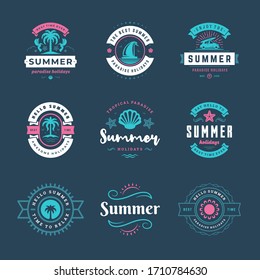 Summer holidays labels and badges retro typography design set. Templates for greeting cards, posters and apparel design. Vector illustration.