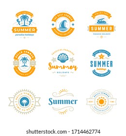 Summer holidays labels and badges retro typography design set. Templates for greeting cards, posters and apparel design. Vector illustration.
