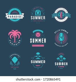 Summer holidays labels and badges retro typography design set. Templates for greeting cards, posters and apparel design. Vector illustration.