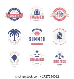 Summer holidays labels and badges retro typography design set. Templates for greeting cards, posters and apparel design. Vector illustration.