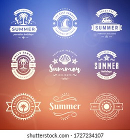 Summer holidays labels and badges retro typography design set. Templates for greeting cards, posters and apparel design. Vector illustration.