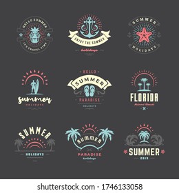 Summer holidays labels and badges retro typography design set. Templates for greeting cards, posters and apparel design. Vector illustration.