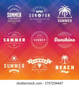 Summer holidays labels and badges retro typography design set. Templates for greeting cards, posters and apparel design. Vector illustration.