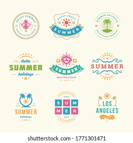 Summer holidays labels and badges retro typography design set. Templates for greeting cards, posters and apparel design. Vector illustration.